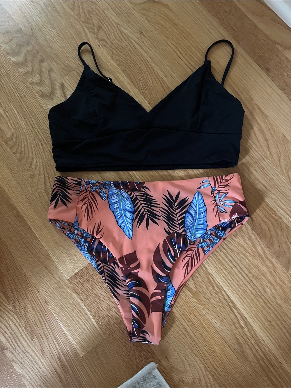 Two-Piece Bikini Set - Black Top & Coral Tropical High-Waist Bottoms